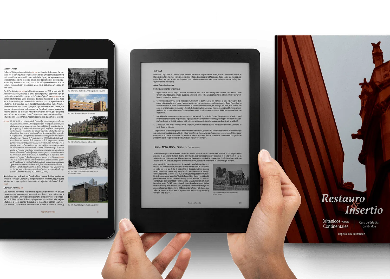 Vista de una página en tablet y lector electrónico de Restauro & Insertio, libro sobre arquitectura británica