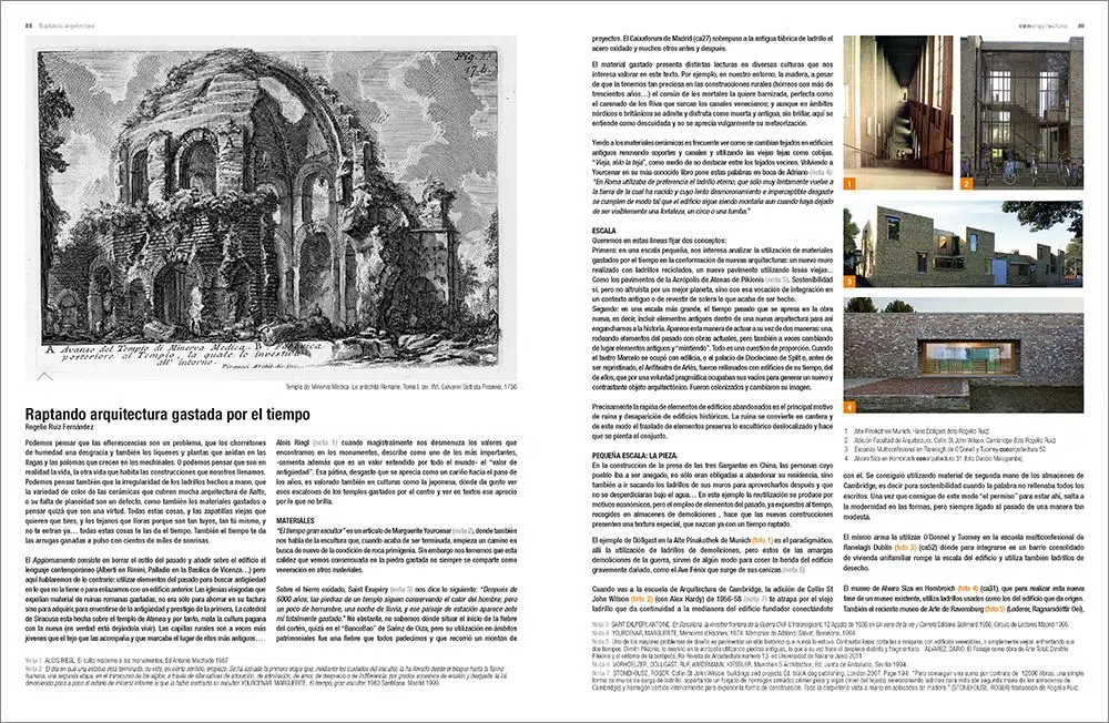 Dos páginas de Raptando arquitectura gastada por el tiempo / Materiales usados en contra del "aggiornamento"