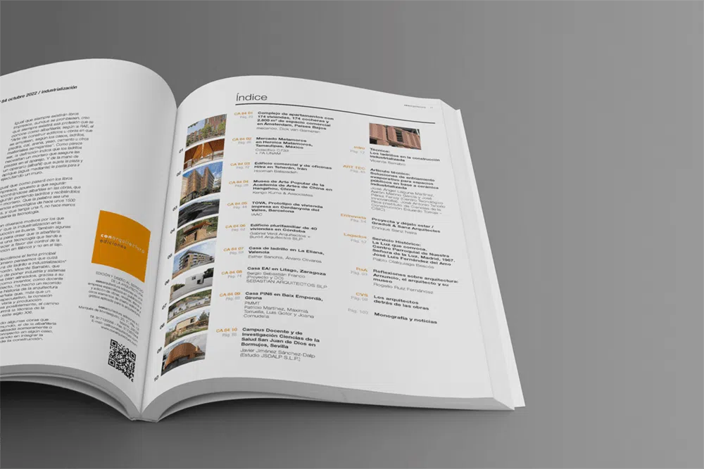 Vista de la página del índice de la revista conarquitectura 84 sobre industrialización