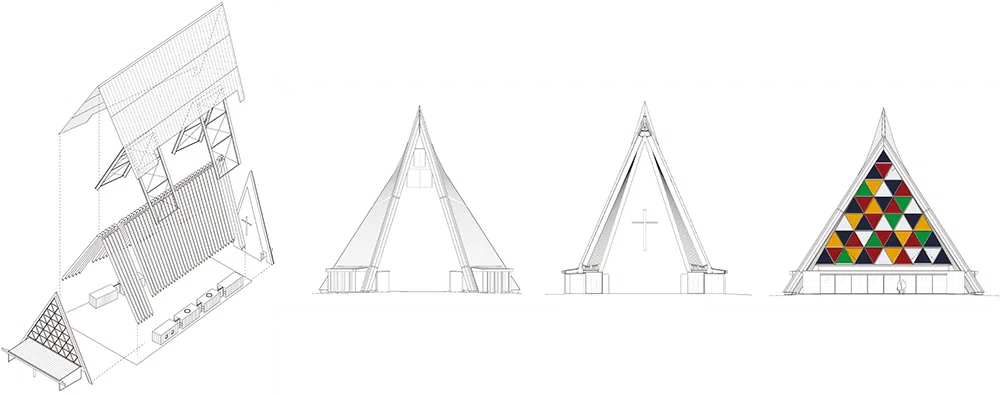 Planos de la catedral de cartón en Christchurch, Nueva Zelanda, con paper tubes. Arqutiecto Shigeru Ban