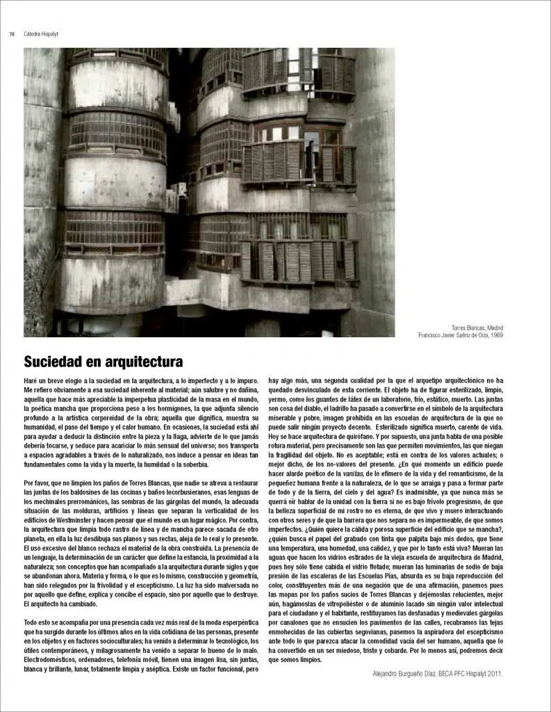 Vista de página del artículo sobre la suciedad en arquitectura con imagen de las Torres Blancas (Madrid)