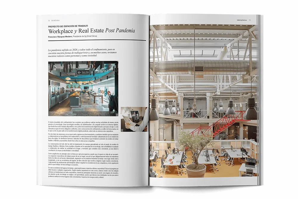 Vista de un pliego de la revista conarquitectura 85 sobre lugares de trabajo