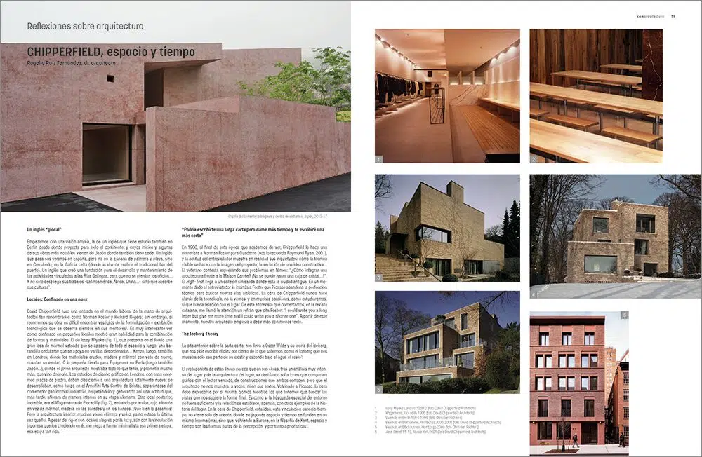 Vista de un pliego de la revista conarquitectura del artículo "Espacio y tiempo" de David Chipperfield, Pritzker 2023