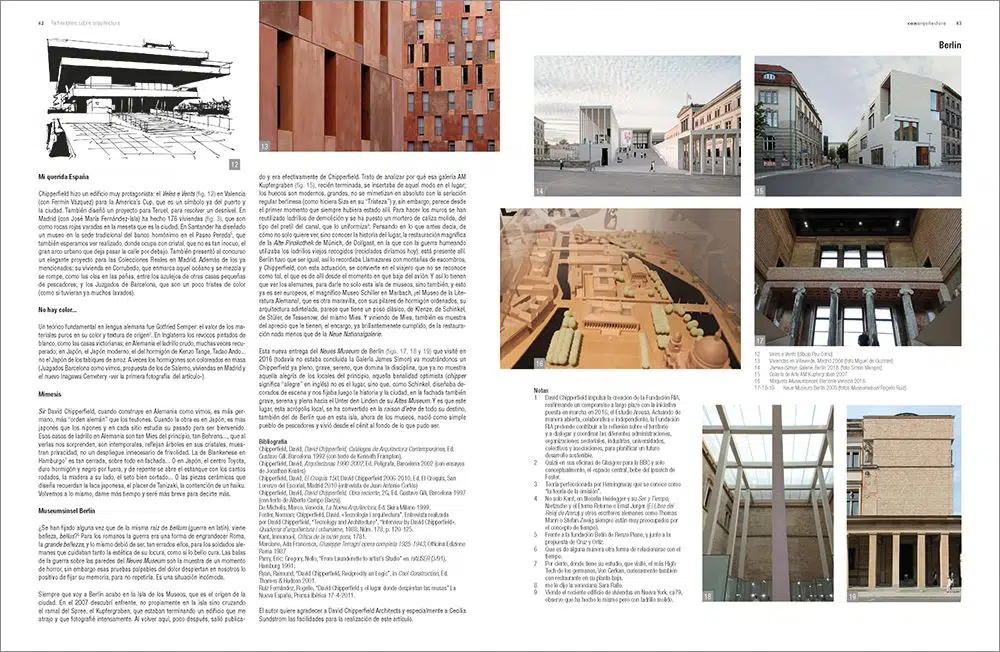 Vista de un pliego de la revista conarquitectura del artículo "Espacio y tiempo" de David Chipperfield, Pritzker 2023