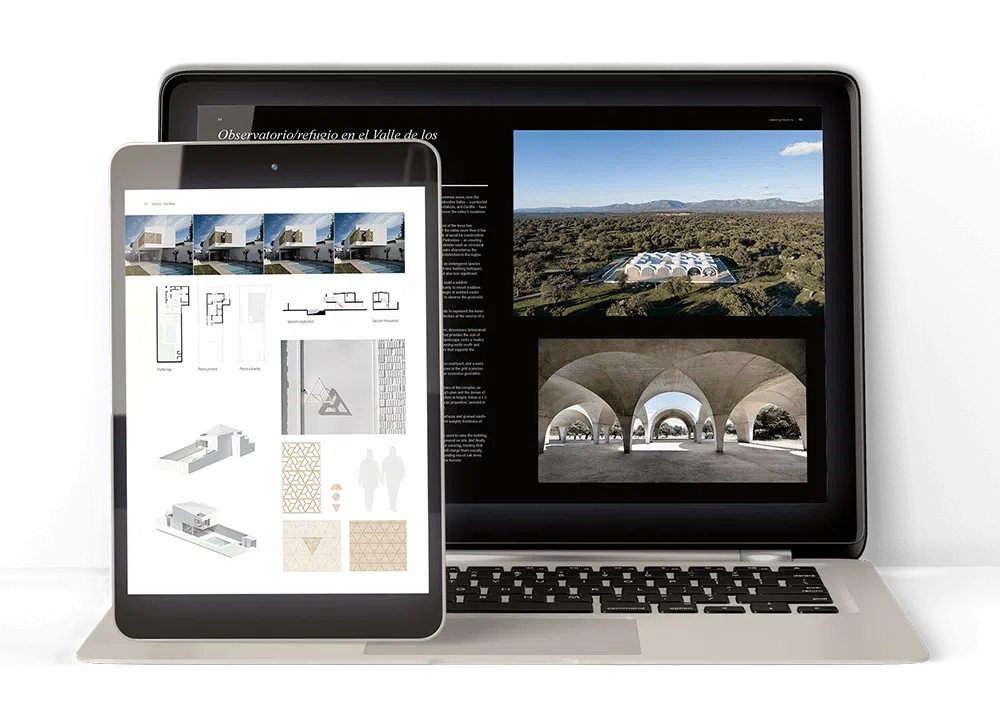 Vista de algunas páginas en una tablet y un portátil de la revista conarquitectura 86 sobre vivienda