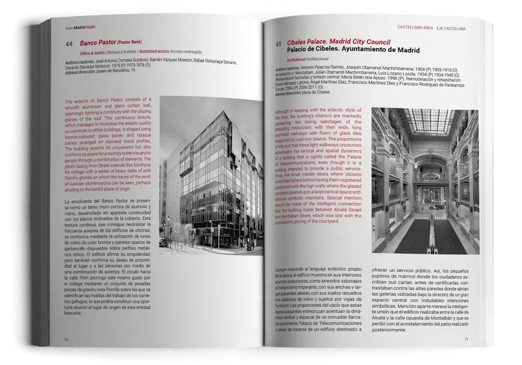 View of two pages from the Guía Madrid Guide featuring the architectural works 'Banco Pastor (Pastor Bank)' and 'Cibeles Palace. Madrid City Council'