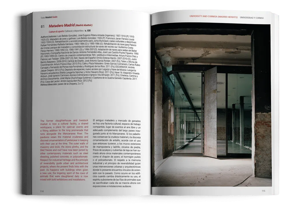 View of two pages from the Guía Madrid Guide featuring the architectural work Matadero Madrid (Madrid Abattoir)