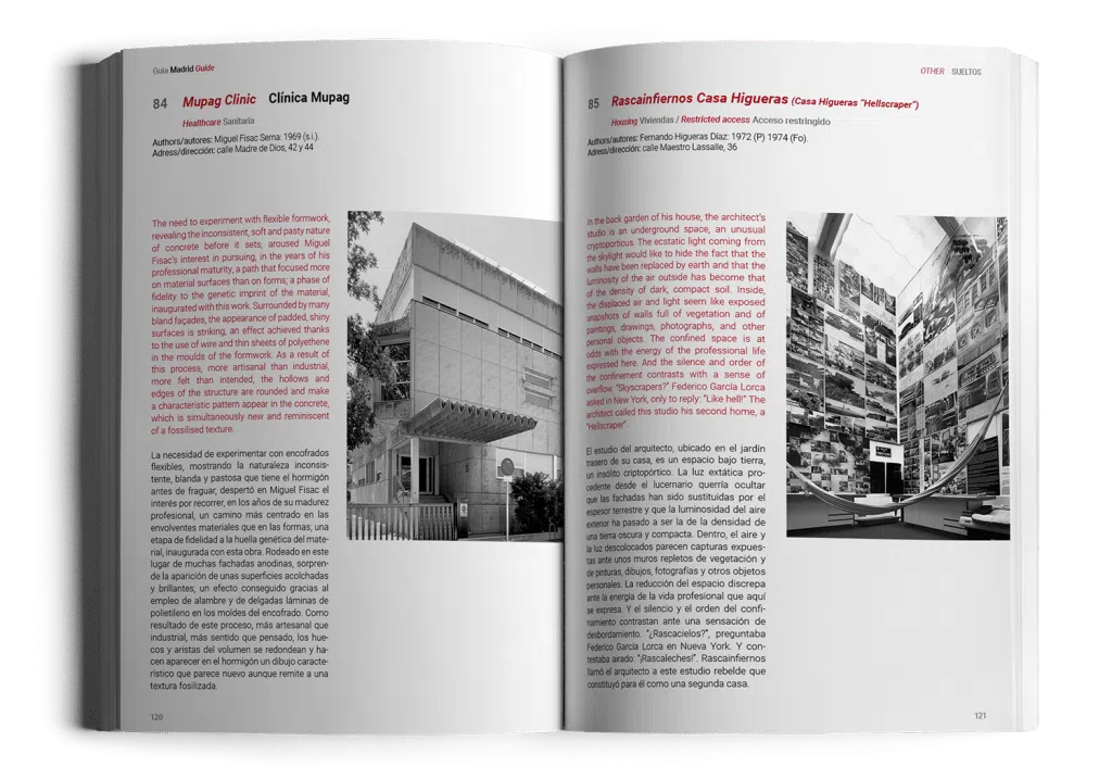 View of two pages from the Guía Madrid Guide featuring the architectural works 'Mupag Clinic' and 'Rascainfiernos Casa Higueras (Casa Higueras 'Hellscraper')'