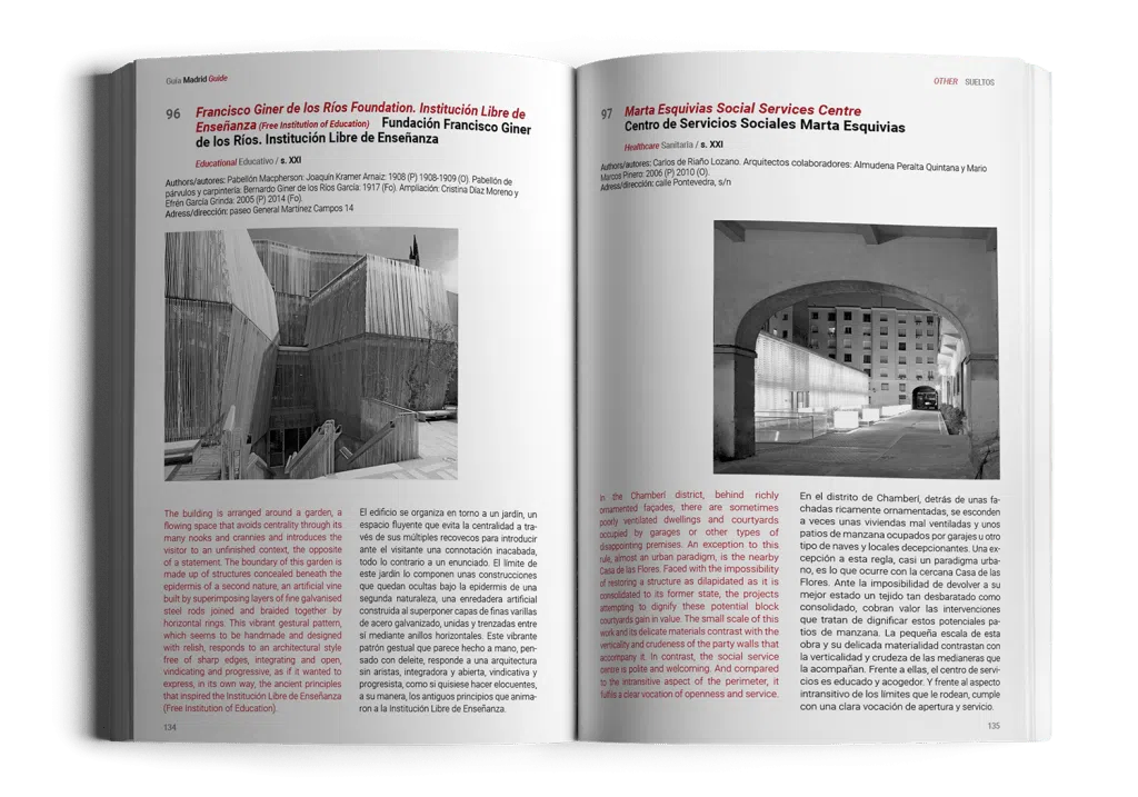 View of two pages from the Guía Madrid Guide featuring the architectural works 'Francisco Giner de los Ríos Foundation. Institución Libre de Enseñanza' and 'Marta Esquivas Social Services Centre'